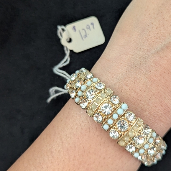 Gold White Rhinestone Beaded Bracelet Bangle Stretchable Adjustable Boho Preppy - Picture 7 of 7